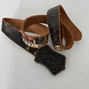 Vintage Y2K / 2000’s Handmade genuine leather Ed hardy belt and belt buckle.